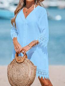 Women's Vacation Solid Color Lace Cuff Single Breasted Long Shirt Spring - Blue - View 3
