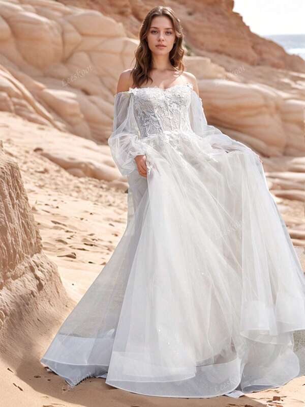 Off Shoulder Long Sleeves Lace Embroidery Bodice With Sparkly Tulle For Wedding Party Out Door Garden Wedding Dresses For Women Zipper Back Ball Gown Wedding Formal Wear With Train, Bride
