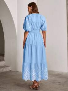 Simplee Women's Summer New Embroidery Lantern Sleeve Tie-Up Long Dress, Suitable For Party, Wedding Guest, Vacation, Music Festival, Back To School - Blue - View 7
