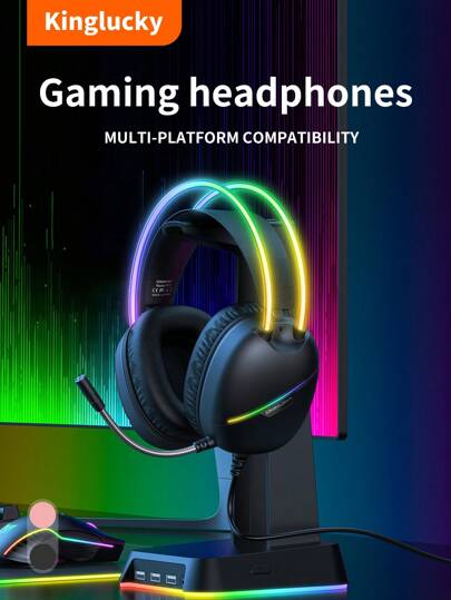 Kinglucky Casque stéréo avec lumières LED Kinglucky, casque de jeu, casque avec microphone pour diffusion en direct, casques pour le jeu et l'esport, filaire USB Type-C, casque filaire, casque supra-auriculaire avec microphone et contrôle du volume, casque stéréo pliable avec fil 3,5 mm pour Chromebook, ordinateur portable, PC, tablettes, voyage