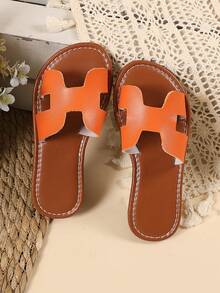 1 par de sandalias planas de color naranja talla grande para niñas, sandalias de PU de unicolor cómodas con tira, puntera redonda, antideslizantes, lindas y adecuadas para niños y niñas de 3 a 15 años, para uso diario, casual, fiesta, viaje, nueva llegada primavera/verano 2026 - Naranja - Ver 5