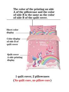 Conjunto de cama com tema de unicórnio 4 peças para crianças, incluindo capa de edredom, lençóis confortáveis, 160x240cm/220x240cm