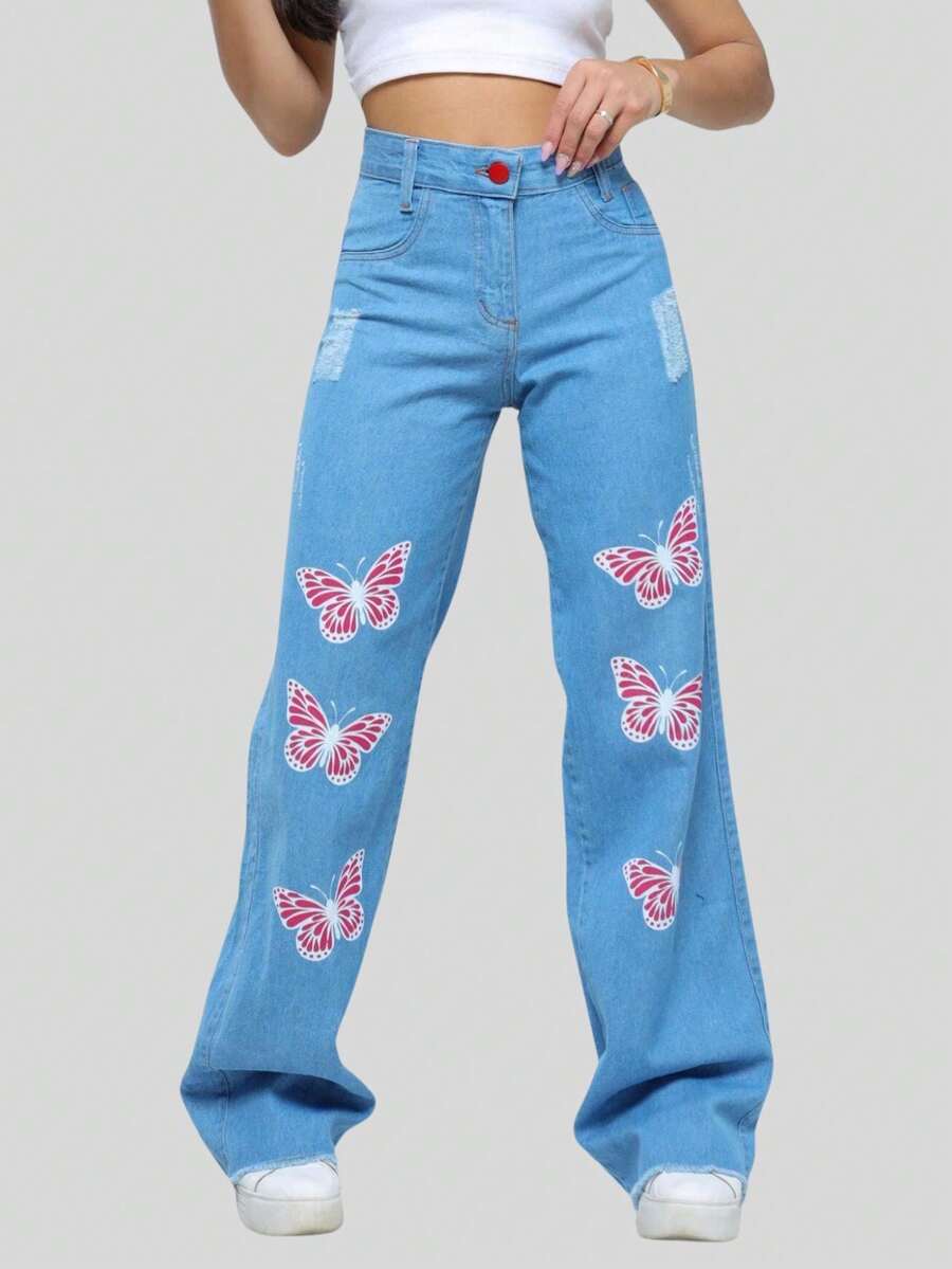 Wide Leg Jeans For Girls With Printed Red Buttons, Premium Model - 藍色 - 查看 1
