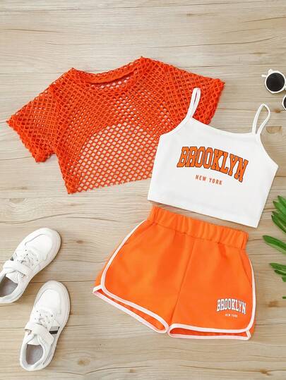 3pcs Tween Girl Brooklyn Letter Print Camisole + Mesh Overlay Top + Shorts Outfit, Fashionable Summer Outdoor Set, Suitable As Summer Gift