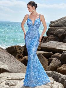 ADYCE 亮片刺绣细肩带露背鱼尾晚会礼服、婚礼宾客礼服、正式礼服、长袍 - 淺藍色 - 查看 8