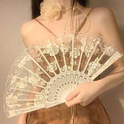 레이스 장미 접는 부채, 여성용 여름 접이식 부채, 웨딩 공연용 부채, 춤을 위한 고대 스타일 접이식 부채, 중국풍 동방 복식 사진 소품 부채