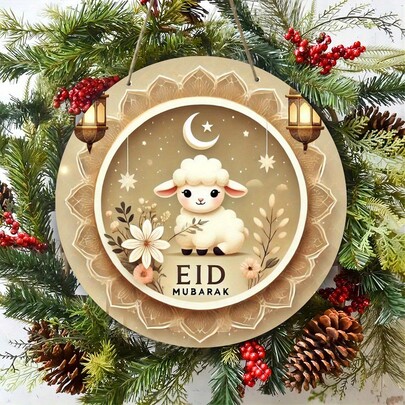 1pc Eid Mubarak Wooden Sign, 8x8 Inch Round Wall Art, Farmhouse Home Decor, Suitable For Living Room, Bar And Club - Wooden Holiday Decoration