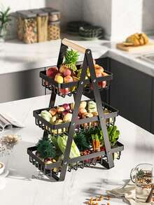 2/3层厨房果蔬篮，可拆卸木质提手收纳篮，多层设计，适用于厨房收纳整理，也可用于餐厅、咖啡厅、户外野餐、厨房收纳、家居装饰、情人节装饰等场合。