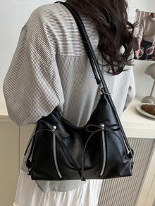 蝴蝶结装饰女士手提包，时尚韩版休闲大容量单肩包，适合旅行、散步、购物 - 黑色 - 查看 5