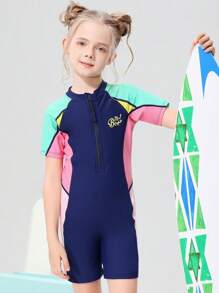 2pcs/Set Teenage Girls Letter Graphic Short Sleeve Top And Shorts Set, Sports Leisure High Stretch Slim Fit, For Spring/Summer, Beach, Party, Swimming, Surfing, Quick Drying, UV Protection