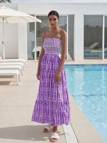 Strapless Dress For Women Ruffled Trim Flower Plant Pattern Sleeveless Tube Smocked Long Dress - Purple - View 5