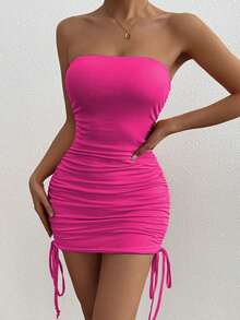 1pc 2024 New European And American Cross-Border Ruched Bodycon Mini Dress, Sexy Summer Sleeveless Slim Fit Camisole Dress