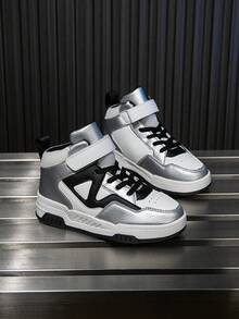 1 Đôi Giày Thể Thao Cổ Cao Cho Trẻ Em, Thân Giày Bằng Da PU, Giày Chạy Bộ Trong Nhà/Ngoài Trời, Khóa Dán Dễ Mặc, Nhẹ, Chống Trượt, Thoáng Khí, Thoải Mái, Thời Trang Unisex Retro Chunky Patchwork - Bạc - Xem 6