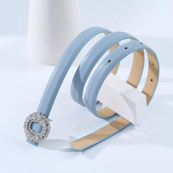 Elegant Luxury Fashionable Sky Blue PU Leather Slim Waist Belt With Shiny Rhinestone Circular Buckle, Suitable For Elegant, Cute, Casual, Sexy, Business, Party, Spring/Summer Outfits Summer, School
