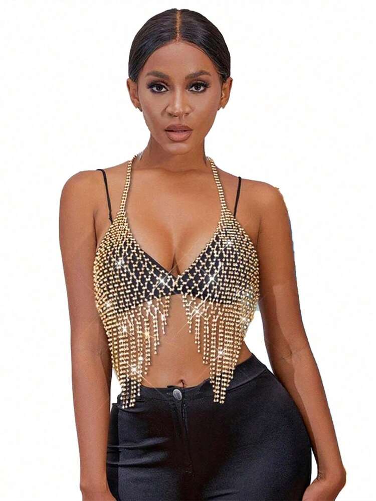 Fashionable Tassel Chest Chain, Sexy Luxury Mesh Body Chain With Rhinestones, Intimate Apparel & Jewelry - Multicolor - View 1