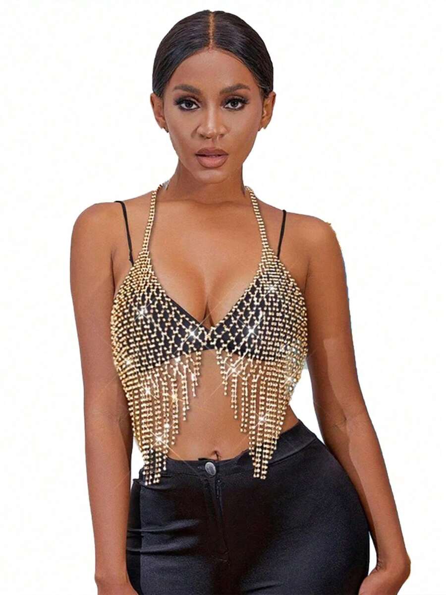 Fashionable Tassel Chest Chain, Sexy Luxury Mesh Body Chain With Rhinestones, Intimate Apparel & Jewelry - Multicolor - View 1