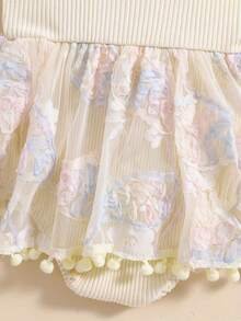 Baby Girl Summer Outfits Ruffle Sleeveless Square Neck Flower Romper With Headband Set - Beige - View 4