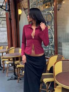 Women's Striped Long Sleeve Casual Sexy Shirt - Red - View 1