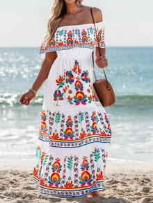 花朵露肩荷叶边海滩度假长裙 - 白色 - 查看 2