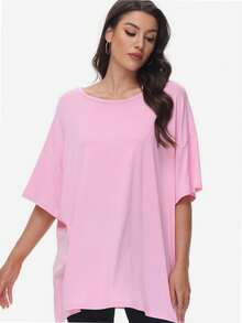 QUEENTI Women's Oversized T Shirt Loose Fit Round Neck Short Sleeve Top Summer Casual Shirt Basic Tee - Hồng - Xem 5