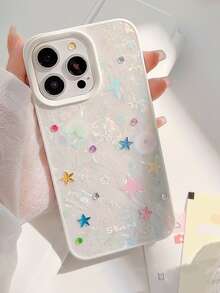 GUCADI 1 件白色贝壳图案彩色小星星 + 星星水晶装饰简约风格全身手机壳适用于 Apple 16/15/14/13/12/11 系列