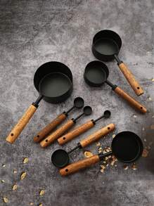4/8Pcs Stainless Steel Measuring Cups And Spoons Set With Wooden Handle, Multiple Colors - Versatile Cooking And Baking Tools - Measuring Cups Set With Graduations - Kitchen Essentials, Food, Cooking, Travel, Kitchen Supplies, Kitchen Utensils. Multiple Colors, Multiple Sizes, Stackable Storage To Meet Your Different Needs