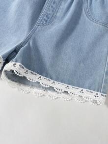 1pc Girls' Casual Comfortable Outdoor Versatile Cute Lace Trim Denim Shorts - Medium Wash - View 6