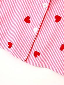 2 Pieces Women Red Striped Heart Print Pajama Set, Short Sleeve Button-Up Shirt With Collar And Bowknot Shorts, Casual Sleepwear For Spring/Summer - Red - View 6