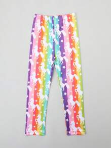 4pcs/Pack Girls Unicorn Print Leggings, Rainbow Pony Pattern Ankle Pants, Comfortable 7/8 Trousers, Suitable For Daily Wear, Spring/Summer