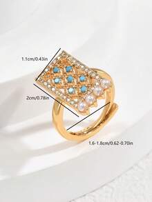 1pc Eid Festival Simple Unique Copper Inlaid Faux Pearl Hollow Rectangle Fashion Versatile Ring - Multicolor - View 6