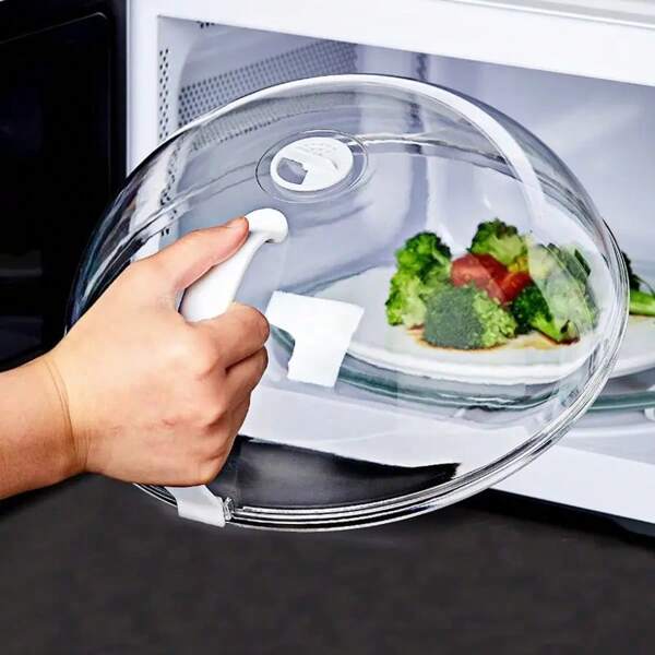 1pc Microwave Splatter Cover, Transparent With Handle, Suitable For Food, Bowl, Plate, Household Kitchen Essential, Random Color