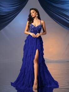 QOQ仙女风女士正式礼服浪漫晚礼服，适合婚礼、鸡尾酒会、慈善舞会等场合，露背亮片网纱礼服，春季款 - 寶藍色 - 查看 3