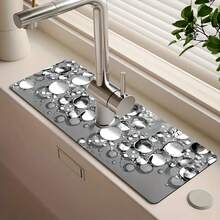 1pc Gray Water Bead Pattern Faucet Mat, Polyester Moisture-Non-Slip Proof Drain Pad For Kitchen & Bathroom Sinks, Faucet Suction Mat, Drying Pad Suitable For Bathroom Countertops, Kitchen And Bathroom Counter Accessories - Multicolor - View 9