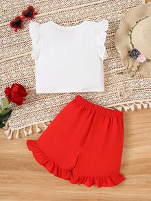 2pcs/Set Young Girls Floral Print Round Neck Top And Solid Color Bow Shorts Summer Outfit - White - View 2