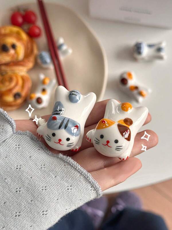 2pcs Ceramic Cat Shaped Chopstick Rest Holder, Cute Ins-Style Kitty Utensil Stand, Creative Tabletop Decor Stationery Holder