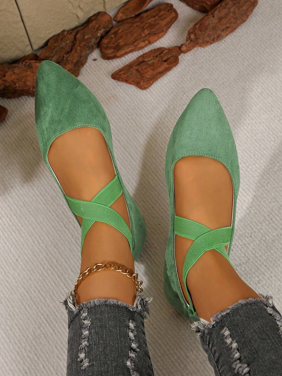 Women's Shoes, Ladies' Classic Fashion Black Pointed Toe Flats, Outdoor Non-Slip Flat Shoes, Pointed Toe Casual Sneakers, Loafers, Ballet Flats, Glitter Shiny Flats, Cross Elastic Strap Flats, Slip-On Flats, Leopard Print Flats, Suitable For Parties, School, Daily Wear, Outdoor Fitness, Hiking - Green - View 1