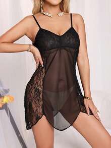 Solid Color Side Lace Sexy Cami Long Nightgown - Black - View 3