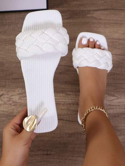 Women's Elegant Red Woven Strap Flat Sandals With Metal Buckle Design, Ideal For Summer Vacation