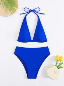 Summer New Solid Color 2pcs Halter Tie Back Bikini Set For Beach/Vacation - Royal Blue - View 3