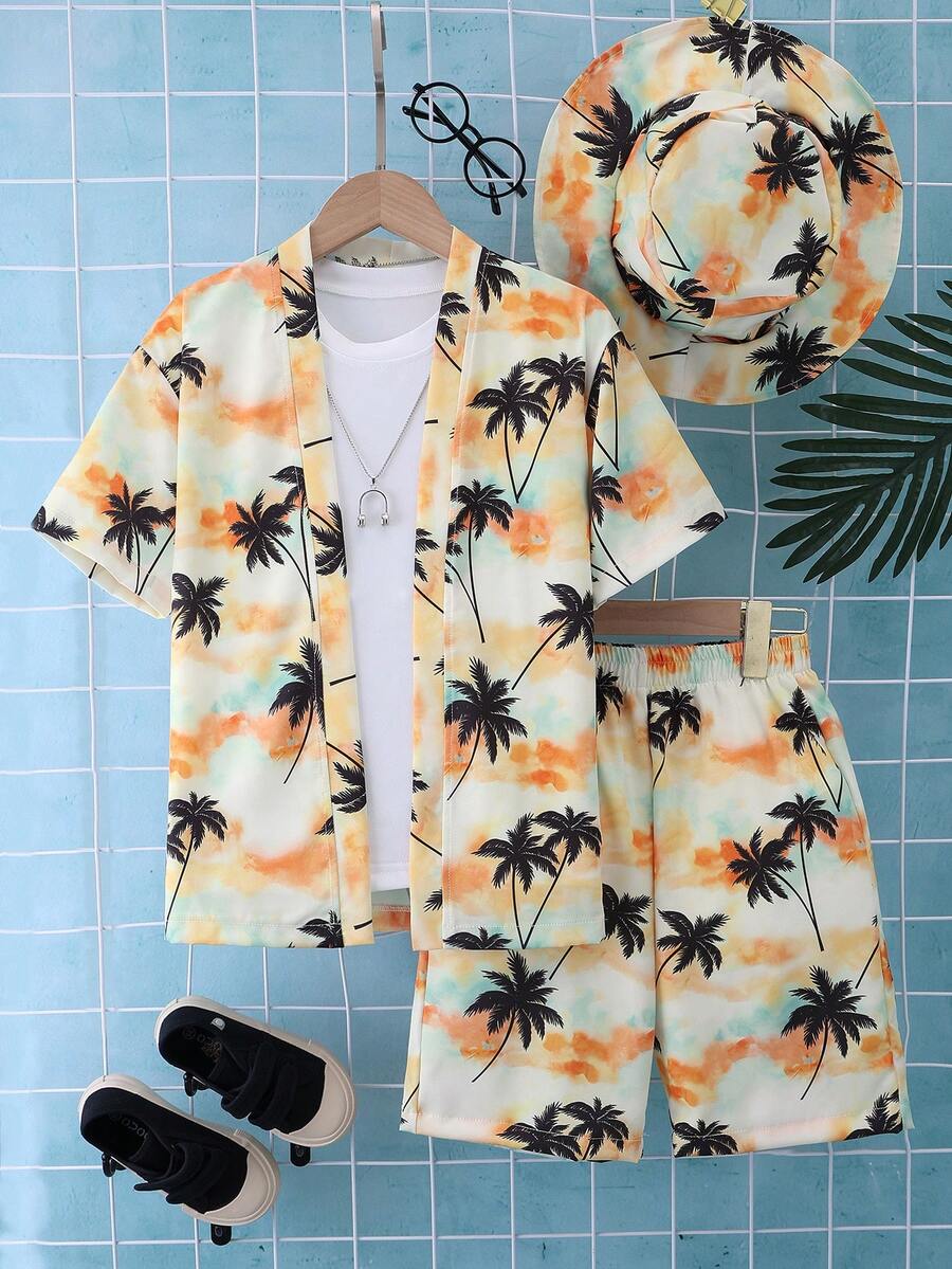 3pcs/Set Boys' Summer Coconut Tree Beach Print Casual Outfit Set With Hat - Coral Orange - View 1