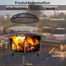 Feuerschale, Ø 76cm Feuerkorb mit Funkenschutz und Schürhaken, Feuerschalen für den Garten Groß, Feuerstelle mit Grill, BBQ Feuerstelle Outdoor, Retro-Look Fire Pit, Multifunktional Feuerkorb