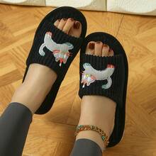 女士简约时尚可爱猫头露趾条纹防滑家居拖鞋 - 黑色 - 查看 3