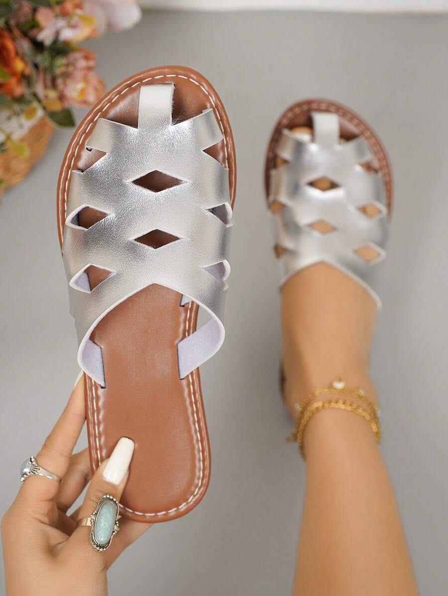 Dép đi trong nhà mùa hè mới cỡ lớn cho nữ, thời trang đơn giản thoải mái hở ngón lưới thoáng khí rỗng chống trượt nhẹ đi biển ngoài trời, màu đen, nâu - Bạc - Xem 1