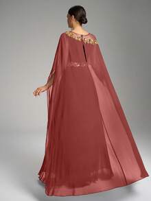 优雅圆领泡泡袖亮片刺绣束腰礼服，奢华别致的晚礼服，端庄 - 紅木色 - 查看 3