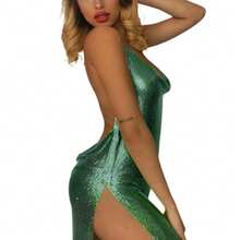 Women Bodycon Side Slit Dress Halter Neck Backless Glitter Skirt - 綠色 - 查看 3