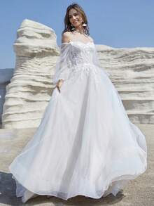 露肩长袖蕾丝刺绣紧身胸衣搭配闪亮薄纱，适合婚礼派对户外花园婚纱，女士拉链后背舞会礼服婚礼正式礼服带拖尾，新娘 - 白色 - 查看 9