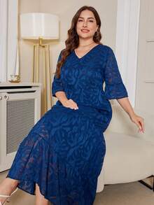 DEARCASE 大码女式深V领荷叶袖多层下摆长裙夏季度假优雅 - 海軍藍 - 查看 6