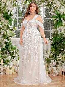 UNITHORSE 露肩刺绣流苏装饰褶皱前片透明白色加大码婚纱礼服，新娘全白派对装女士