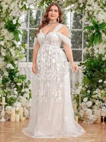 UNITHORSE UNITHORSE Off Shoulder Embroidery & Tassel Decor Pleated Front Sheer White Plus Size Wedding Dress Gown,Bride, All White Party Outfit Women