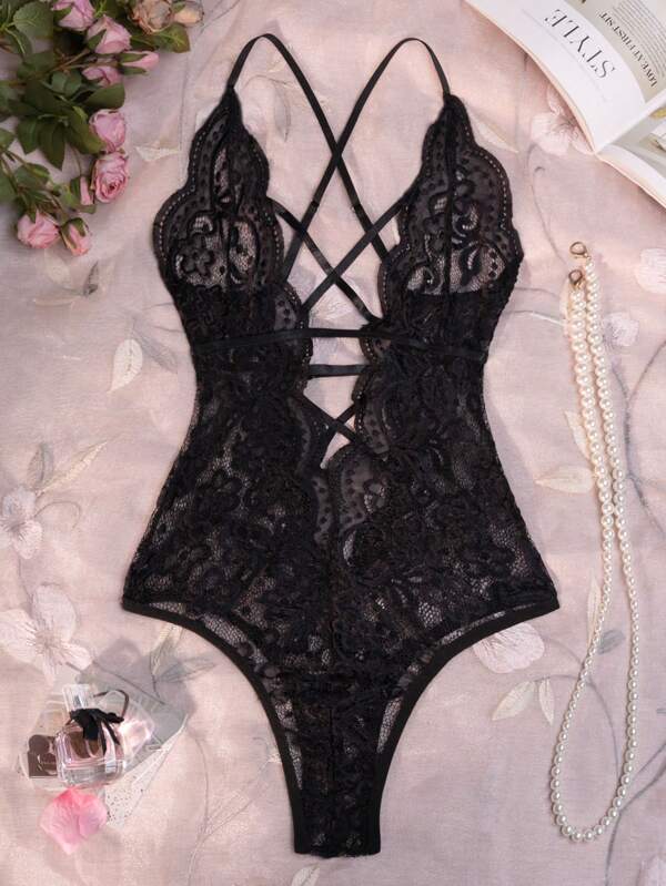 1pc Women's Sexy Lace See-Through Three-Point Adjustable Bustline Jumpsuit Lingerie